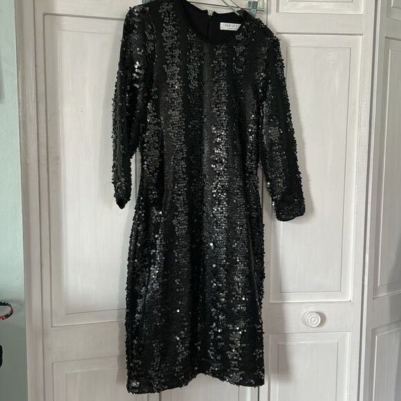 HUNTER BELL Black Sequin Sheath Dress 3/4 Sleeve - Size 6 - Picture 8 of 10